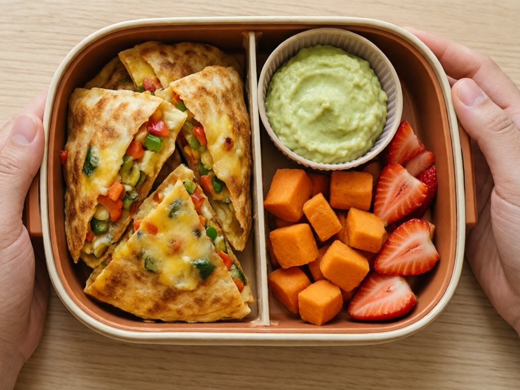 Bento box with quesadilla triangles, guacamole, sweet potato cubes and strawberry slices