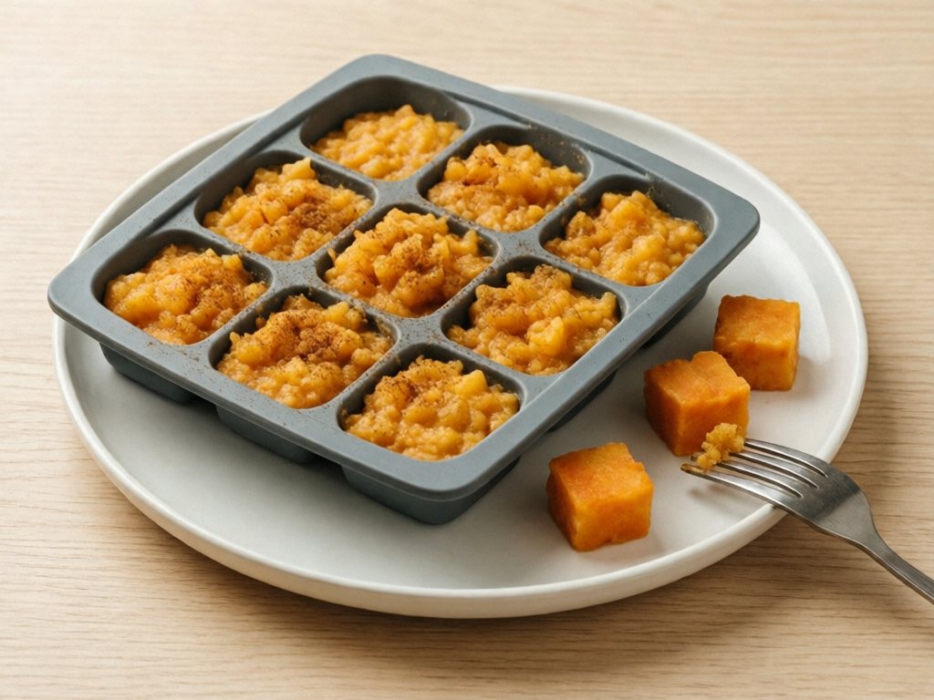 Silicone freezer tray filled with orange apple and sweet potato mash cubes beside a plate of popped-out cubes