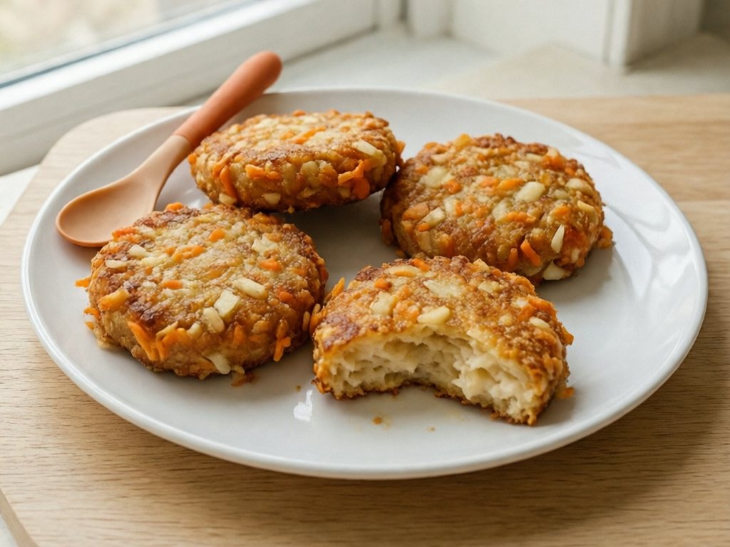 Plate of small golden apple carrot fritters, one torn open to show the soft center
