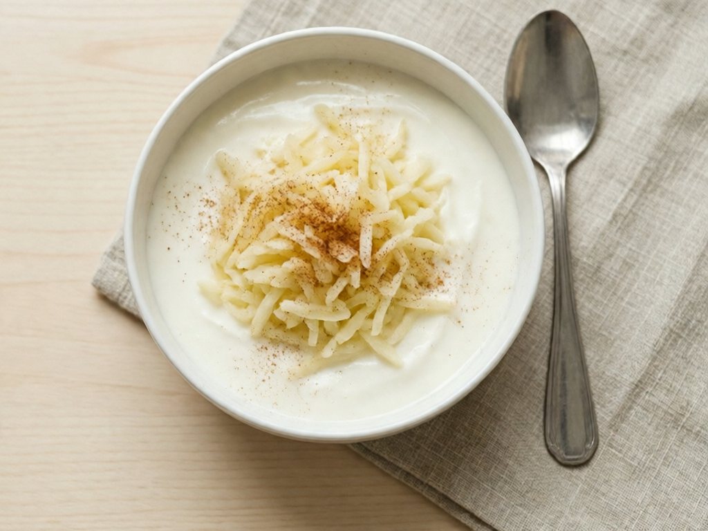 Small white bowl of plain yogurt topped with fine grated apple and cinnamon
