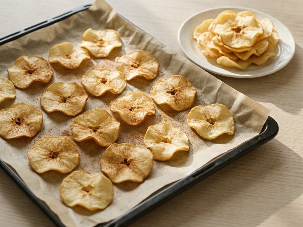 Paper-thin baked apple chips on parchment-lined baking sheet beside a small plate of chips