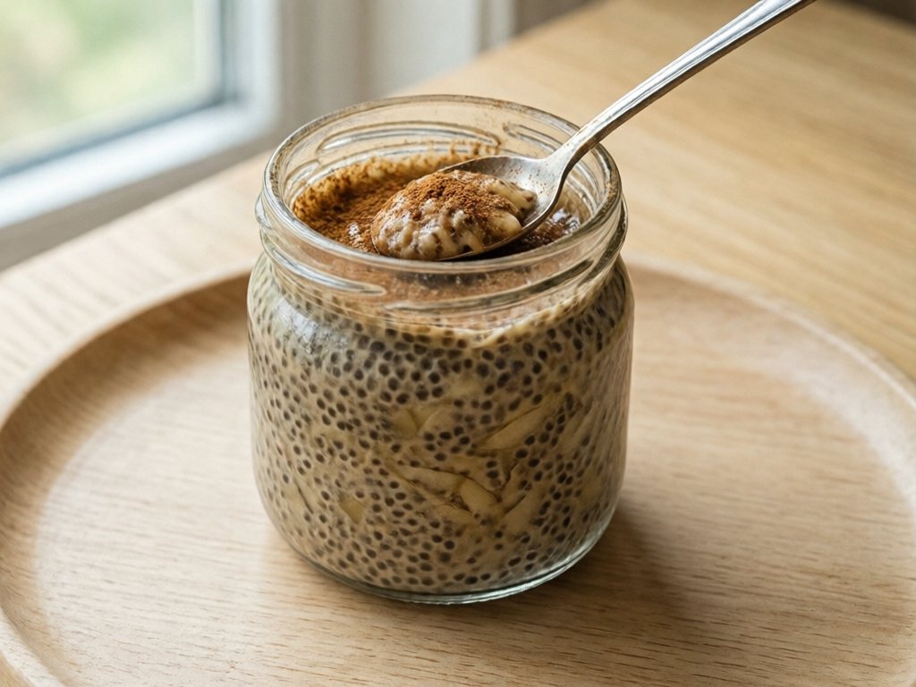 Small glass jar of thick chia pudding with grated apple and cinnamon and a spoon in it