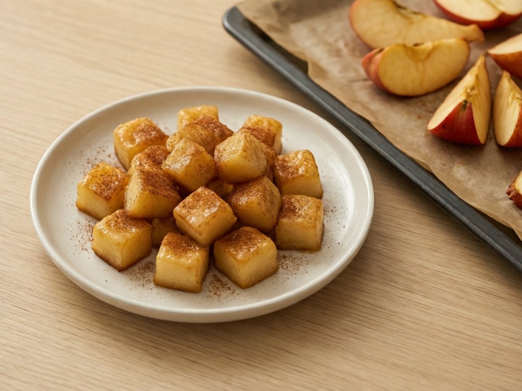 Plate of small soft cinnamon baked apple pieces beside a baking sheet of baked wedges