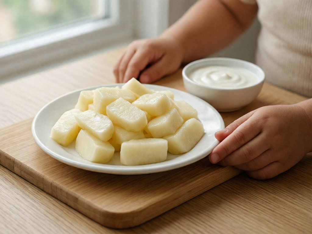 Short peeled apple pieces on a white plate with a small bowl of yogurt dip on a wooden board