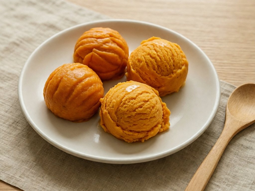 Four small smooth orange mashed sweet potato dollops with faint pumpkin ridges on a white plate with a wooden spoon beside it