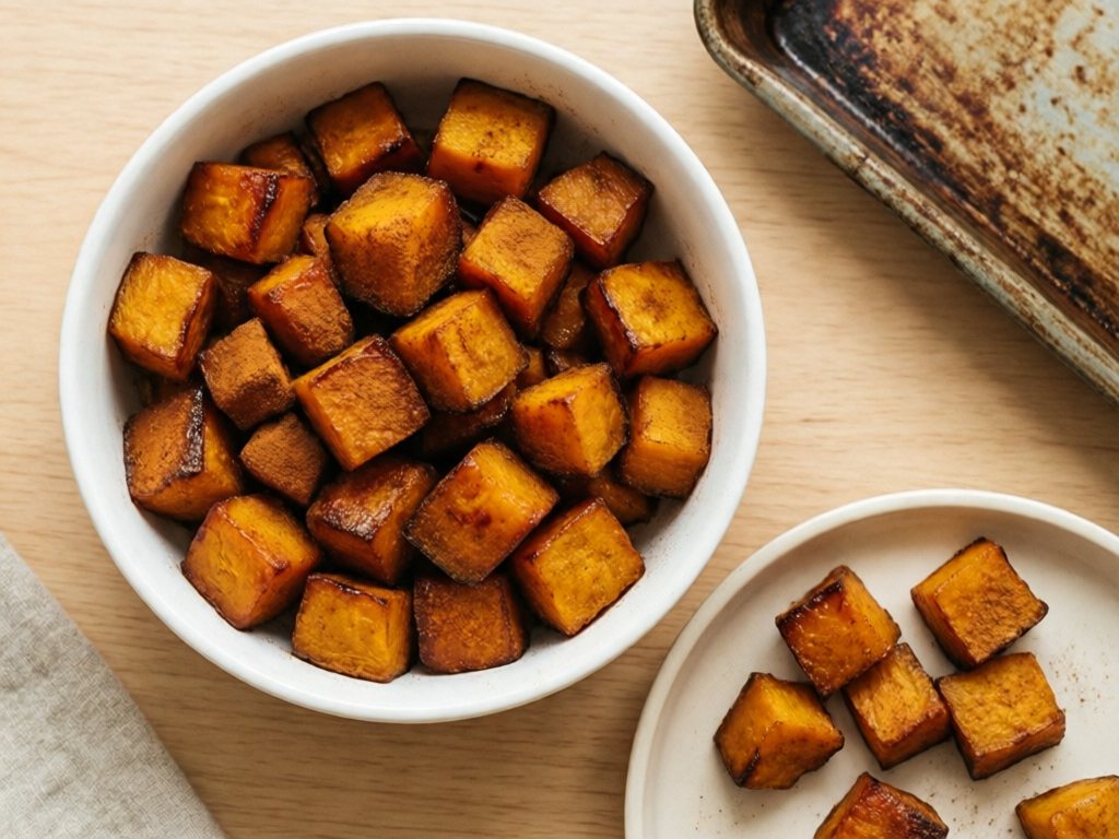Bowl of small roasted butternut squash cubes dusted with cinnamon beside a toddler plate