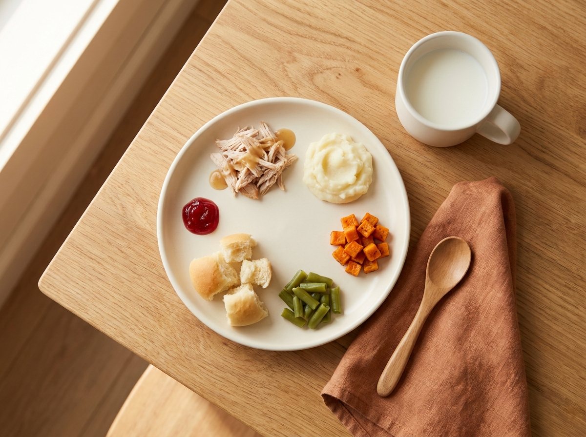 Small plate with shredded turkey, mashed potatoes, sweet potato cubes, chopped green beans, torn roll and cranberry sauce