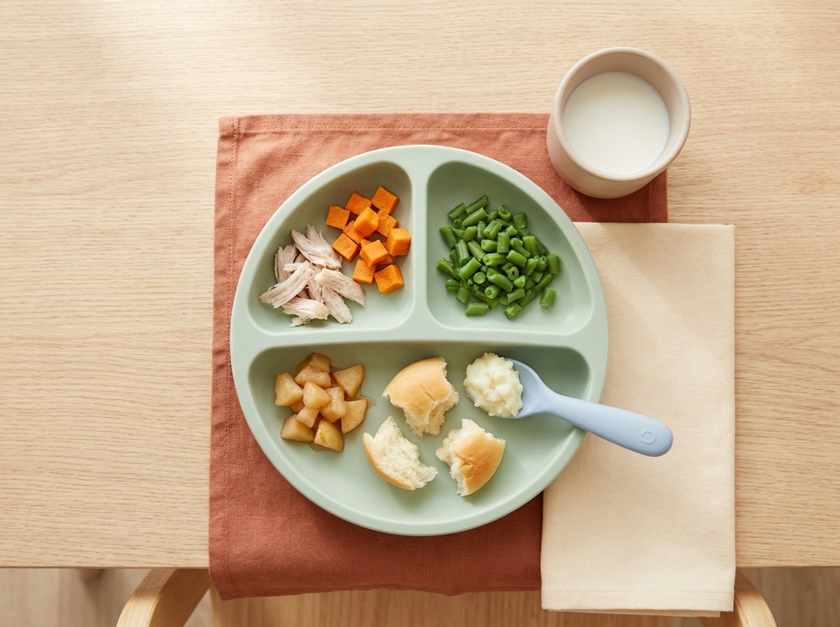 Small plate of finely shredded turkey, soft sweet potato, green beans, apple and a spoon of mashed potatoes