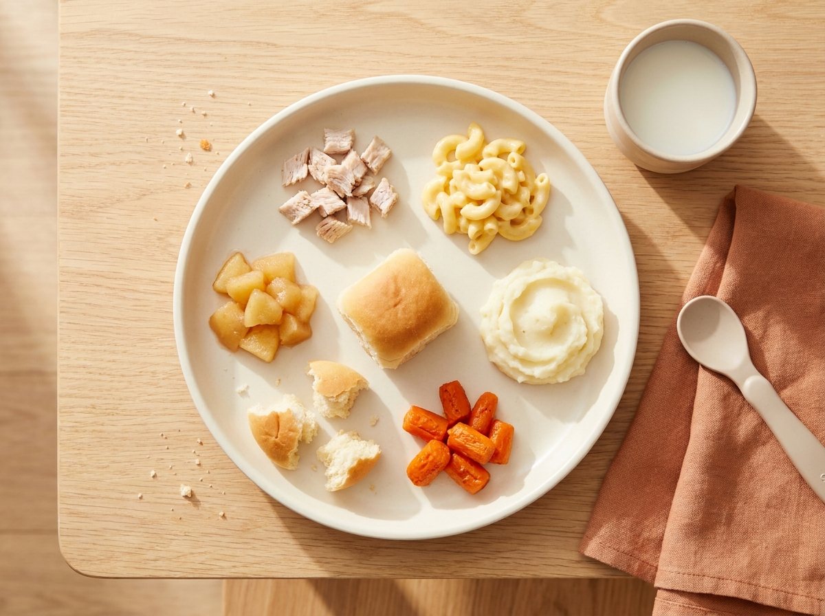 Toddler plate with turkey, mac and cheese, mashed potatoes, soft carrots, torn roll and cooked apple