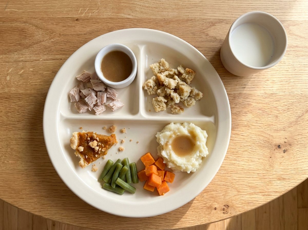 Toddler plate with turkey, stuffing, mashed potatoes, sweet potato, green beans and a spoonful of pumpkin pie filling