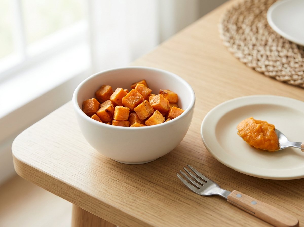 Bowl of plain soft roasted sweet potato cubes with a spoonful of mash beside it