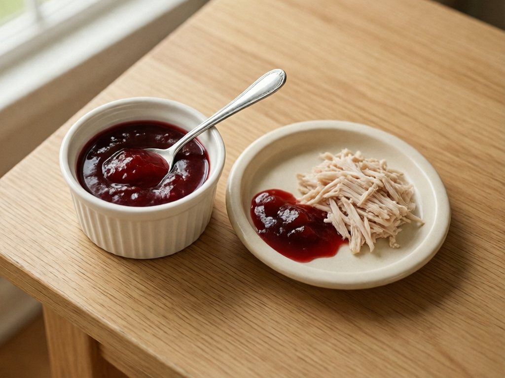 Small ramekin of smooth jellied cranberry sauce beside a plate of shredded turkey