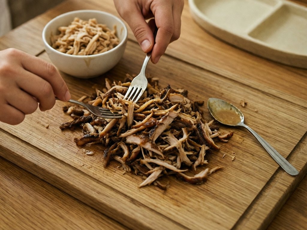 Adult hands shredding roasted turkey finely with two forks into a small bowl for a toddler